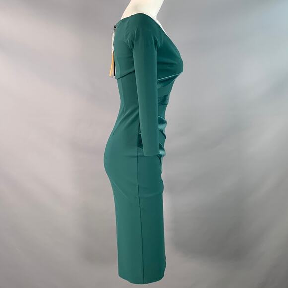 2 Kaliska Green Velvet Polyamide Blend Off Shoulder Fitted Midi Dress - Picture 3 of 11